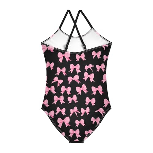 Pink Bow Black Background Girls Swimsuits Quick Dry Crossback One Piece Beach Swimwear Bathing Suit2