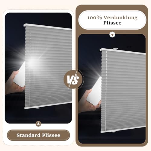 Plissee ohne Bohren Verdunkelung Klemmfix Hellgrau 75x110cm Thermo Plissees 100% Verdunklung Rollos für Fenster & Tür Verdunklungsplissee… – Ansicht 3