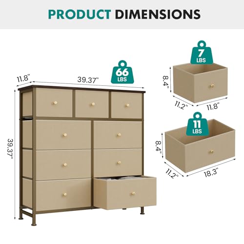 Image of OLIXIS 9 Drawer Storage Dresser with Wood Top - Wide Fabric Chest Organizer for Bedroom, Closet, Living Room,Tower Cabinet, TV Stand, Hallway Entryway Furniture,Khaki