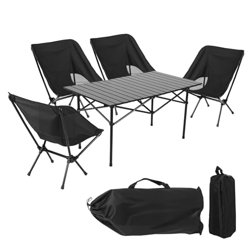 Mitoydoe Camping-Tisch-Set tragbar klappbar 1 Tisch + 4 Stühle Raumstuhl Strandstuhl Eier Rolltisch. Garten Picknick Außen- und Innenanwendung Edelstahl schwarz 120 * 50 cm