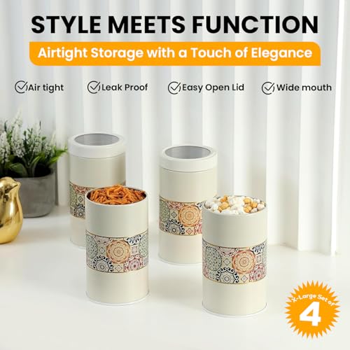Image of Mandala Collection Airtight Kitchen Container Set| 850ML- Set of 4| Food Grade Metal Jars for Cookies, Rusk, Candies & Snack Storage | Vacuum Lid, Rust Resistant| Beige Rangoli Canisters