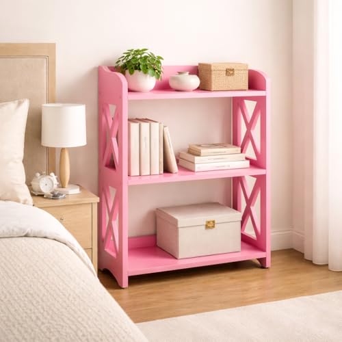 Image of Pink Bookcase by Natural Wood, 3 Tier Bookshelf, Small Book Shelves Freestanding Display Storage Shelves. Open Bookshelf for Bedroom, Living Room and Office (Pink, 3 Tier)