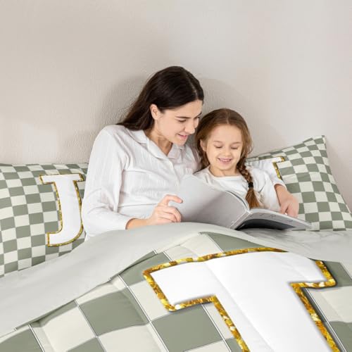 Image of Erosebridal Sage Green Checkered Kids Comforter Sets Plaid Initial J Full Bedding Set for Adults Personalized Monogram Comforter Set,Fashion Grids Gingham Quilt Duvet 3 Pcs