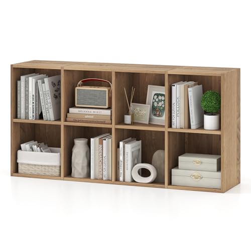 Giantex 8-Cube Bookcase 3-Tier Cubby Bookshelf Horizontal Vertical Display Rack with Anti-Tipping Kits Modern Storage Organizer Shelf Unit for Bedroom Living Room Study (Natural 8-Cube)