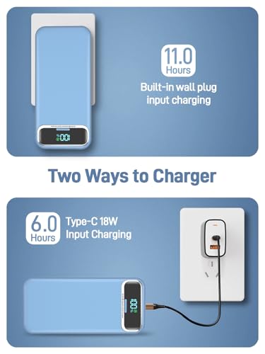 Image of Nusyddy Portable Charger 20000mAh 22.5W w /Built-in Cables & Wall Plug Blue | 22.5W Fast Charging, High Capacity, LED Display, Charge 5 Devices at once, TSA Approved, Compatible with iPhone /iPad /Samsung