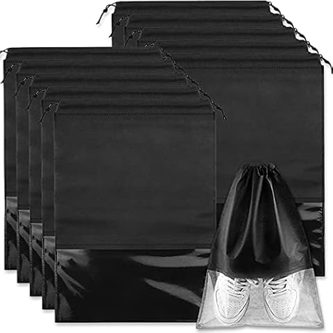 Acehome 10 Pack Large Travel Shoe Bag, Portable Drawstring Shoes Storage Bags Non-Woven Dust Proof Pouch Space Saving Organizer with Transparent Slot for Men Women Daily and Travel Use (Black) Cover