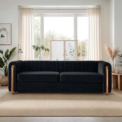 Image of KEIKI 84 inch Velvet Deep Channel Tufted Sofa with Back Cushions and Rolled Arms, Modern Style 3-Seater Couch with Golden Polished Steel Legs, Easy Assembly, for Living Room, Bedroom, Office, Black
