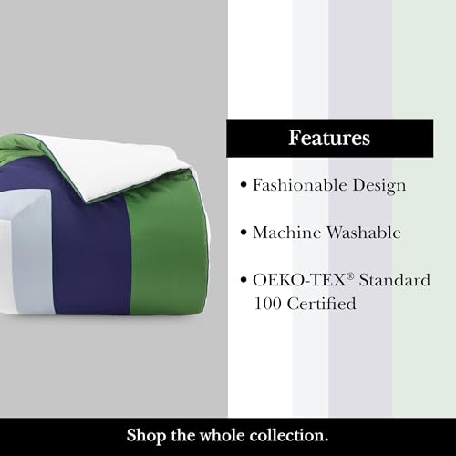 Image of kate spade new york Color Block King Comforter Set, 300 Thread Count and 100% Cotton Cover, All Season 3 Piece Reversible Bedding Set, Machine Washable, Navy, Green and White