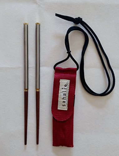 Sahalie Chopsticks Travel Portable Rosewood Tip Brushed Steel Handles with Nylon Lanyard Travel Case - //coolthings.us