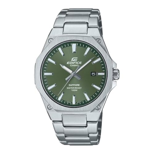 Casio Edifice EFR-S108D-3AVUDF Green Analog Dial Silver Stainless Steel Band Men's Watch Slim Case Sapphire Glass ED603, Silver, Classic