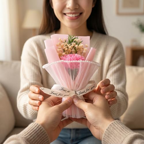 Image of Mini Artificial Chrysanthemum Flower Bouquet with Pearl Net Wrap & inchJust for You inch Ribbon | Small Gift for Valentine, Birthday, Proposal, Home & Desk Decor (Pink)