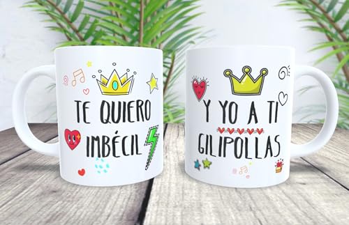 La Huella Taza personalizada. Pack de 2 tazas. Te quiero imbécil y yo a ti gilipollas. Ideal para todos esos que se quieren con lindezas verbales.