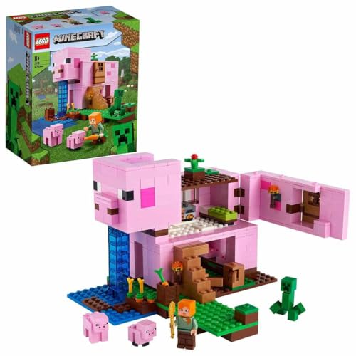 Image of LEGO 21170 Minecraft The House-Pig Animal Building Toy with Accessories, Gifts for Boys and Girls Ages 8 and Up for Birthday Parties, Alex and Creeper Figures