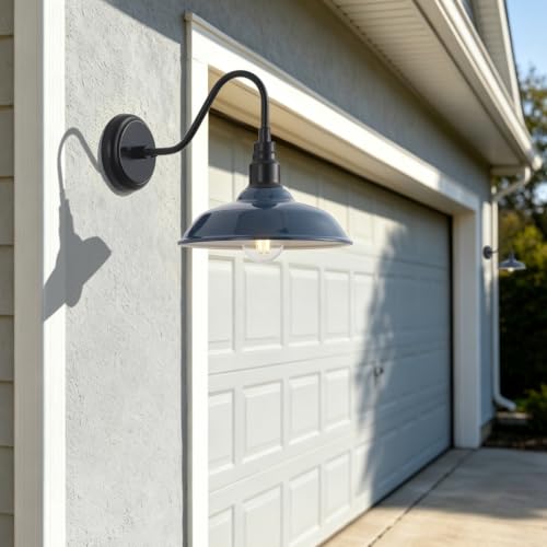 Image of 10 Inch Dome Gooseneck Lights Outdoor, Indigo Blue Exterior Barn Light for House, Outdoor Farmhouse Lights Fixture, Outside Wall Sconce Lighting for Porch, Garage, Front Door