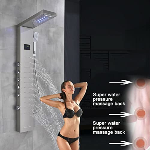 Columna de Ducha LED con Panel Luminoso, Sistema de Chorro Cascada y Masaje Corporal, Montaje en Techo miniatura 4