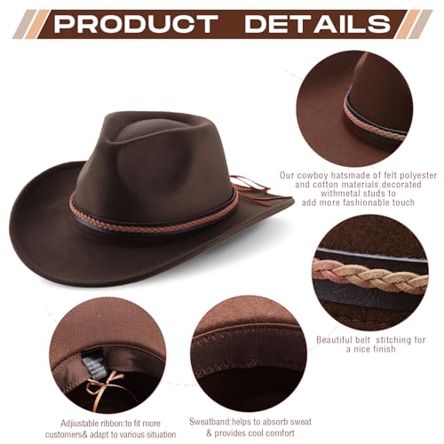 Image of Chuarry 4 Pcs Women Men Felt Western Cowboy Hats Wide Brim Cowgirl Hats Panama Hat for Adults Costume Outdoor