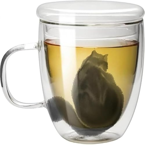 Zxyler 墨絵猫柄ダブルウォールガラスカップ 370ml 真空断熱二重構造 取っ手 & 蓋付き ティー・コーヒー・ビール多用途 タンブラー兼湯呑み 誕生日・卒業式・記念日贈り物に最適
