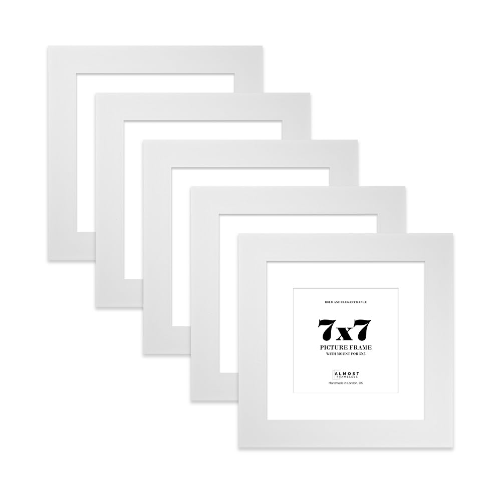 7x7" White Square Frame With Mount for 5x5" Pictures 28mm Edge Frame Display with Wall Hooks and Kickstand, 5 Pack