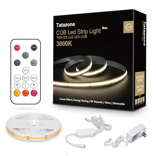 Tatazone 32.8ft 3000K Bright COB LED Strip Light, Dimmable, CRI93+, Warm White, Indoor, RF Remote...