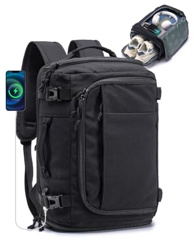 Image of Personal Item Bag 17x10x9 Flight Approved Travel Backpack | Shoe Wet Compartment USB Charging Port Waterproof Causal Bookbag Work Black