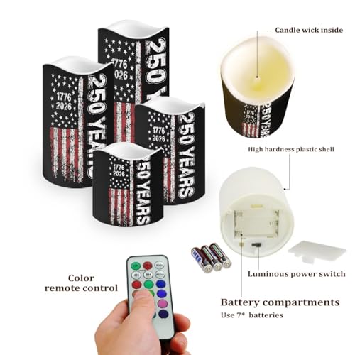 Image of American Flag Battery Operated LED Candles 1776-2026 250th Anniversary Flameless Flickering Remote Independence Day Patriotic Candle Celebratory Decor for Fireplace Porch, 4 Pack