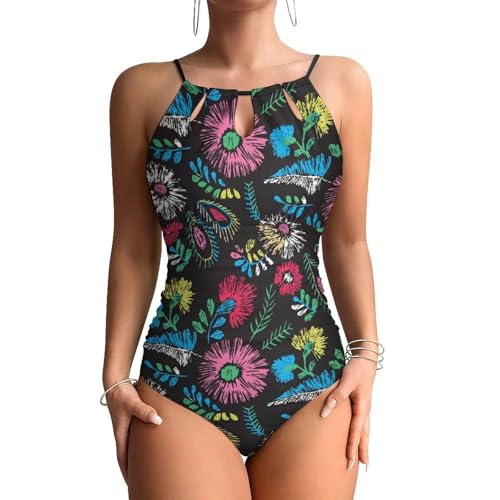 Maillot de bain une pièce contrôle ventre anti-complexes à imprimé feuilles colorées floral
