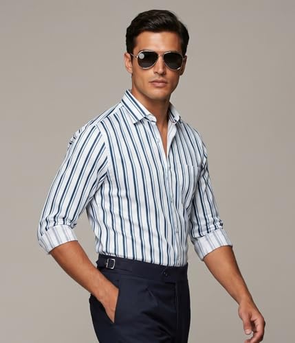 Image of IndoPrimo Men's Striped Casual Shirt | Premium Cotton Formal Shirt for Man | Slim Fit Full Sleeve Strip with Pocket | Office, Business & Smart Casual Wear