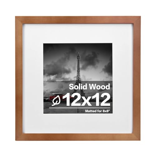 Egofine 12x12 Picture Frame, Made of Solid Wood with Plexiglass, for Tabletop and Wall Hanging Display Picture 8x8 with Mat or 12x12 Without Mat, Light Brown