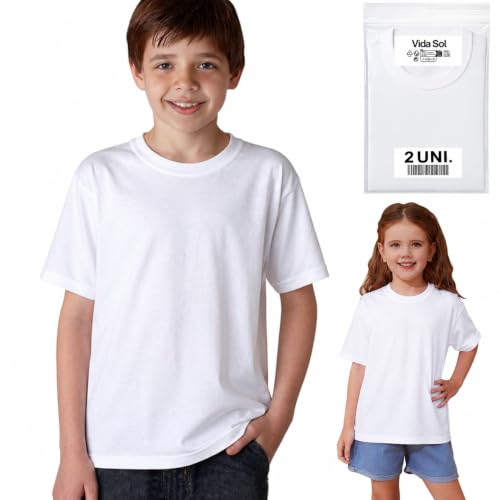 Vida Sol Pack 2 Camiseta Infantil 100% Algodón, Unisex, Manga Corta, Cuello Redondo, Suave y Transpirable, Diseño Básico y Cómodo, Ideal para Uso Diario, Tallas 3-4 Años, Blanco, XXS