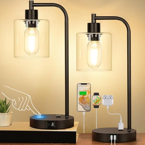 Set of 2 Industrial Touch Control Table Lamps with USB C+A Ports and AC Outlet - 3-Way Dimmable...
