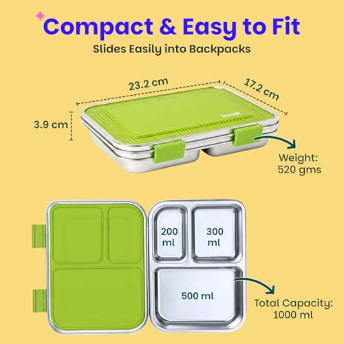 Image of Basil Bento Neo Classic 2025 - New & Improved, 1000ml 3-Compartment Stainless Steel Lunch Box for Adults, Teens & Kids | Leak-Proof & Easy to Open Tiffin for Office, School, College - Matcha