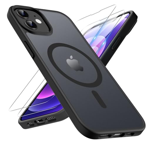 TQIAHF Magnetic Phone Case for iPhone 12/iPhone 12 Pro Case with 2 Tempered Glass Screen Protector Compatible with MagSafe Military Grade Translucent Matte Phone Cover for iPhone 12/12 Pro Black
