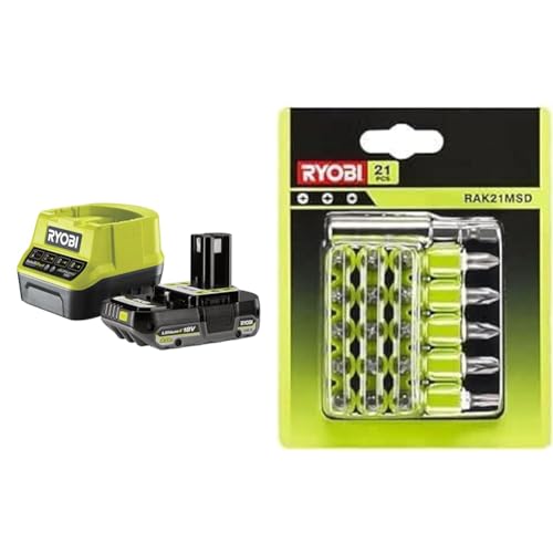 Ryobi - 1 Batterie One+ Lithium+ 18V - 2Ah et 1 Chargeur Rapide 2A - RC18120-120CG & Coffret antichocs 31 Accessoires de vissage : 30 Embouts PH/PZ/SL/Hex/TX + 1 Porte-Embout