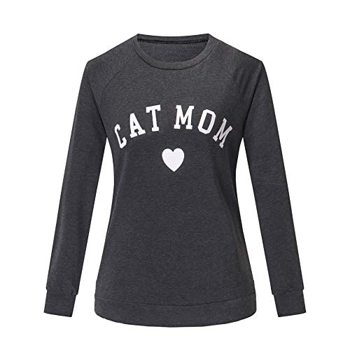 Heymiss Womens Tops Cat Mom Gifts Long Sleeve Shirt Crewneck Soft Pullover Sweatshirt Letter Print Tops Casual Fall Clothing Dark Gray Cat Mom Xxl #TOP1