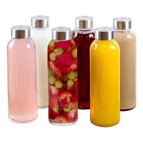 Brieftons Borosilicate Glass Water Bottles With Caps: Clear, 6 Pack, 18 Oz, Heat Resistant, Slim, Easy to Store, Leakproof Lids, Best As Reusable Drinking Bottle, Sauce Jar, Juice Beverage Container Cover