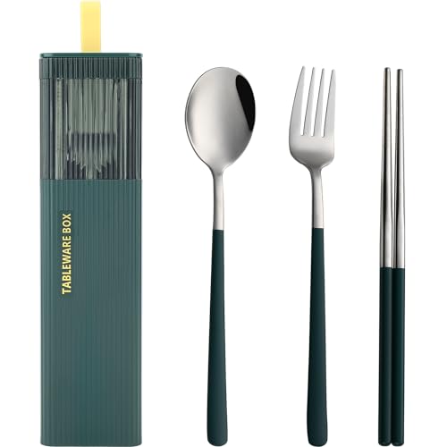 DEVICO Travel Utensils with Case, Stainless Steel Reusable Camping Silverware Set for Lunch Box, Portable Cutlery Kit Includes Fork, Spoon, Chopsticks (Dark Green)