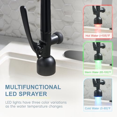 Image of GIMILI Black and Gold Kitchen Faucet with LED Single Handle Kitchen Sink Faucet with Pull Down Sprayer Commercial Double-Headed Stainless Steel Kitchen Faucets Sink with Deck Plate
