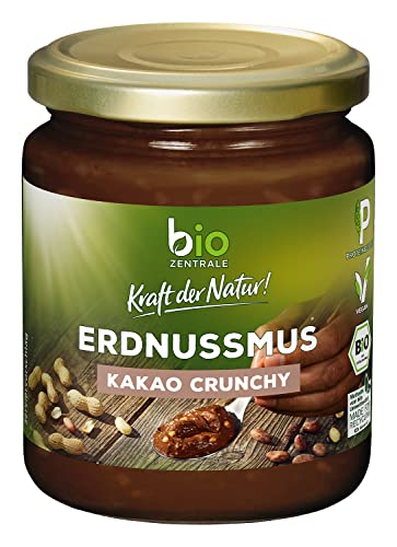 bioZentrale Erdnussmus Crunchy Kakao | 250 g Peanuts Creme | vegan, glutenfreie Protein Quelle | Nussmus ohne Palmöl | Peanut Butter für Müsli, Frisch geröstete Erdnüsse