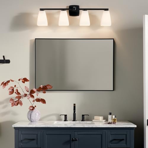 Image of Kichler Marant 33.25 inch 4-Light Bathroom Vanity Light Fixture with Opal Glass in Black for Over Mirror, Modern Wall Mount Lighting for Powder Room (33.25 inch W x 9.5 inch H), 55217BK