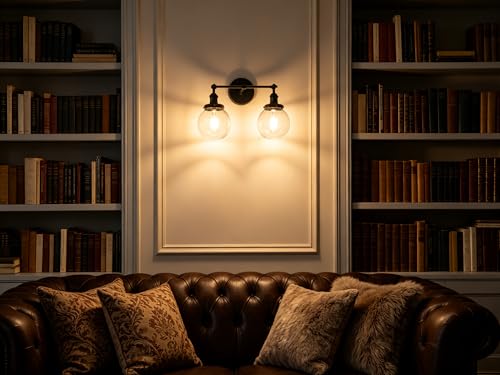 Image of Phansthy Vintage Wall Sconce with Switch, 180 Degree Adjustable Hardwired Bathroom Vanity Light, Industrial Wall Light with 5.9 inch Globe Glass Shade for Living Room Kitchen (Black, 2-Light)
