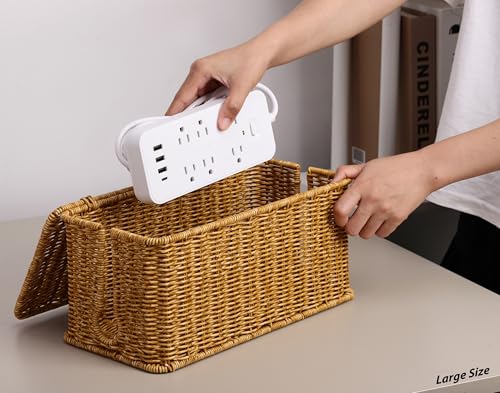 Image of ZhiYo Rattan Cable Management Box, Cord Organizer, Nature, 13.5 inchx6.2 inchx6 inch | Handwoven imitation rattan cord hider box conceals power strips and cables for a clean desk or floor setup