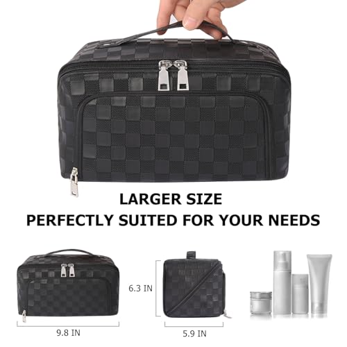 Travel Makeup Bag, Large Capacity Cosmetic Bags for Women, Waterproof Lining and PU Leather Portable Pouch, Open Flat Toiletry Bag, Make up Organizer with Divider & Handle (Black)3