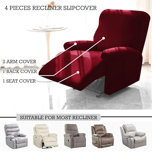 Image of HOKIPO 'SereneSolids' 140 GSM 4-Pieces Super Stretch Recliner Chair Cover 1 Seater Fully Covered Washable Furniture Protector, Burgundy (AR-4740-BRGN)