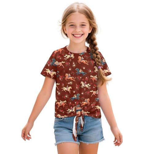 Girls Summer Short Sleeves Tie Knot Front Tops Lightweight Crewneck T-Shirts for Holiday Park Age 5-12 Years
