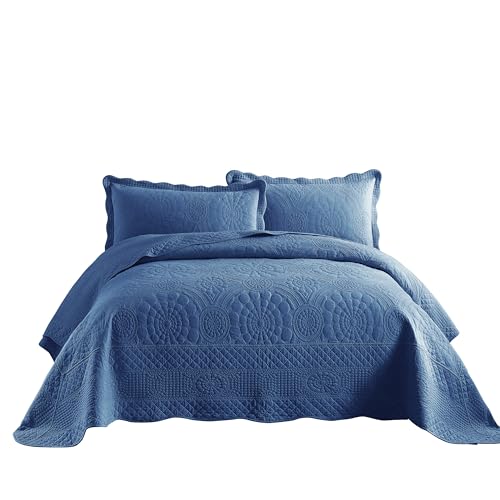 MarCielo 3-Piece 100% Cotton Oversized Bedspread Lightweight Quilt Coverlet Embroidery Farmhouse Bedding Set (Tf Midtone Blue, Oversized King (118"x106"))