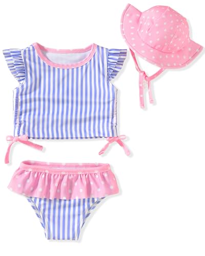 KOZBY Baby Swimsuit Girl 3 Piece Tankini Bathing Suit Ruffle Beach Infant Swimwear with Hat Blue Striped 2-3 T