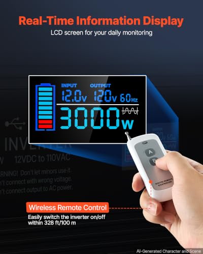 Image of VEVOR Pure Sine Wave Inverter 3000 Watts 12V DC to 120V AC Power Inverter