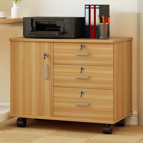 3-Drawer Wood File Cabinet, Mobile Lateral Filing Cabinet with Lock, Office Printer Stand with Adjustable Shelves for A4/Letter, Under Desk Filling Office Cabinet for Home Office ( Color : Yellow teak