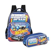 Kit Hot Wheels Mochila De Costas e Estojo Triplo Com 3 Ziper Bolso Race Luxcel (Azul)
