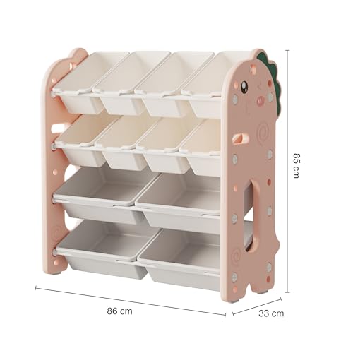 Image of oddpod Dino Baby hardlines Toy Organizer Storage Racks with Bins, Cute Cartoon Montessori Plastic Bookshelf for Children & Bedroom Shelf for Toys, Books, Clothes & Games - Pink (8+4 Bins)